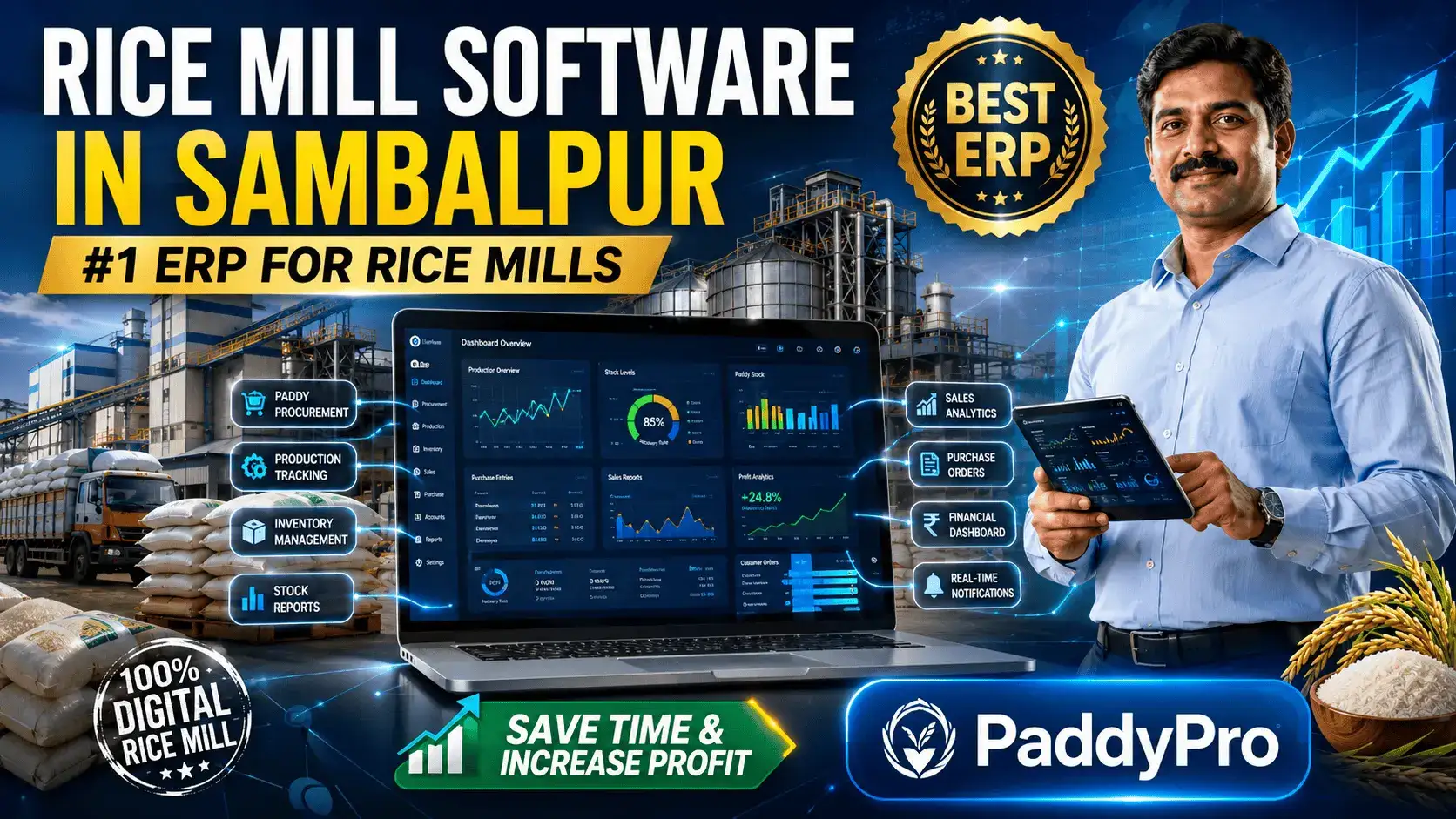 Map of Odisha highlighting Sambalpur with Layoncube customer support badges and software excellence icons